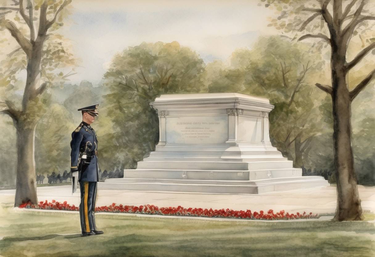 Watercolor painting based depiction of The Tomb of the Unknown Soldier was dedicated at Arlington National Cemetery in Virginia, USA, as a tribute to unidentified soldiers who died in World War I. (1921)