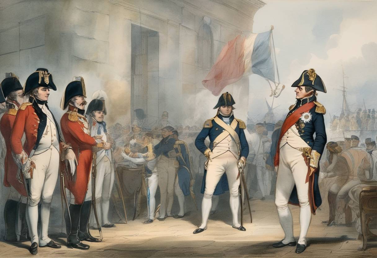 Watercolor painting based depiction of Napoleon Bonaparte surrendered to Captain Frederick Maitland of HMS Bellerophon, marking the end of the Napoleonic Wars. (1815)