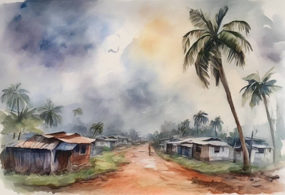 Watercolor painting based depiction of Cyclone Fani makes landfall in Odisha, India, causing widespread damage and leading to the evacuation of over a million people. (2019)