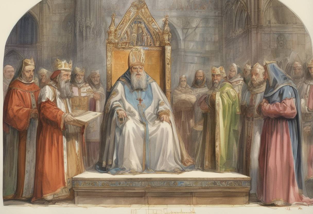 Watercolor painting based depiction of Hincmar, Archbishop of Reims, dies. He was a significant figure in the Carolingian Renaissance, known for his theological writings and political influence. (882)