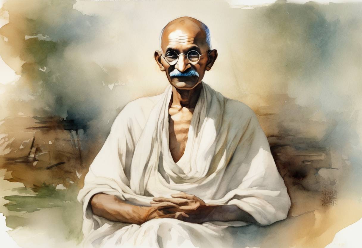 Watercolor painting based depiction of Mahatma Gandhi, leader of the Indian independence movement against British rule, was born in Porbandar, India. (1869)