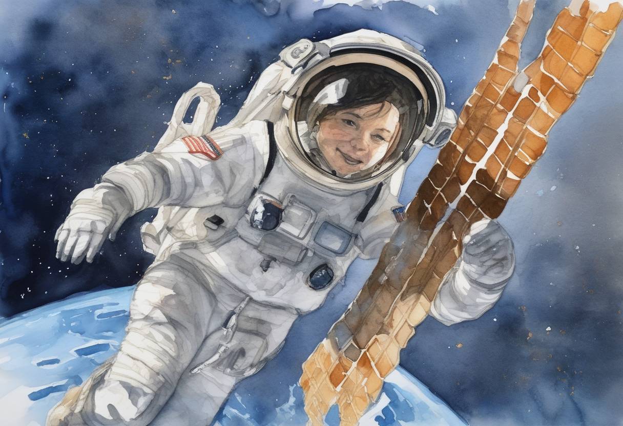 Watercolor painting based depiction of The first all-female spacewalk is conducted by NASA astronauts Christina Koch and Jessica Meir, marking a milestone in space exploration. (2019)
