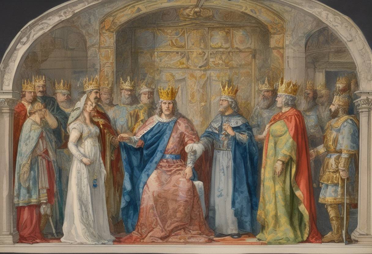 Watercolor painting based depiction of Otto I is crowned King of Germany, marking the beginning of the Ottonian dynasty. (936)