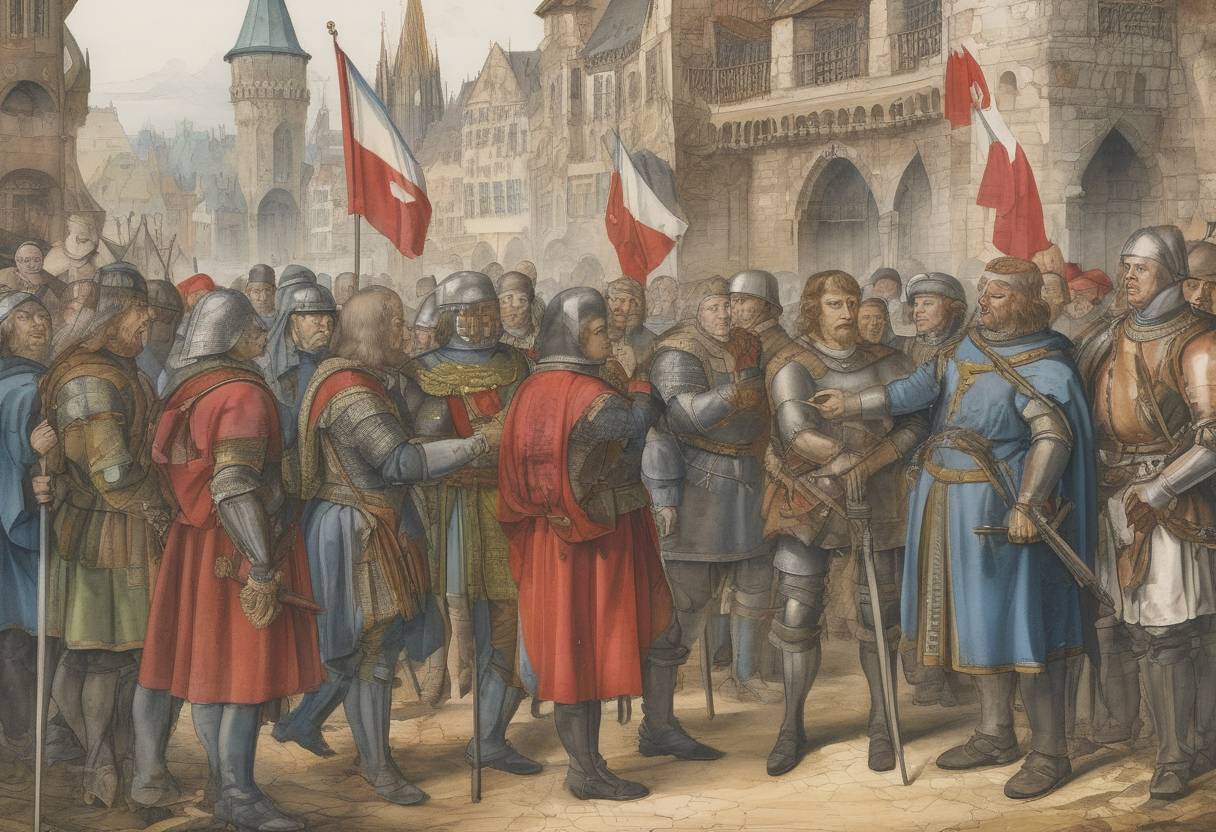 Watercolor painting based depiction of The Treaty of Basel was signed, ending the Swabian War between the Swiss Confederation and the Holy Roman Empire. (1499)