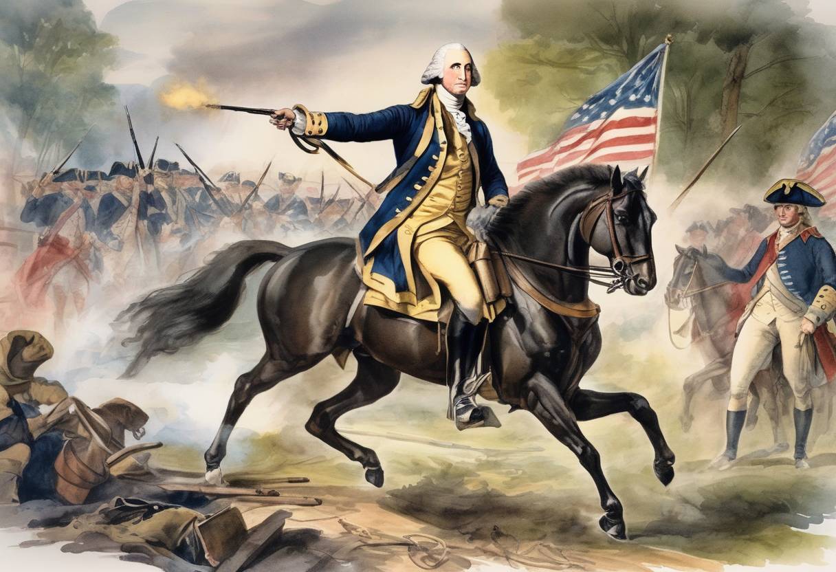 Watercolor painting based depiction of George Washington led the Continental Army to a pivotal victory against Hessian forces in the Battle of Trenton during the American Revolutionary War. (1776)