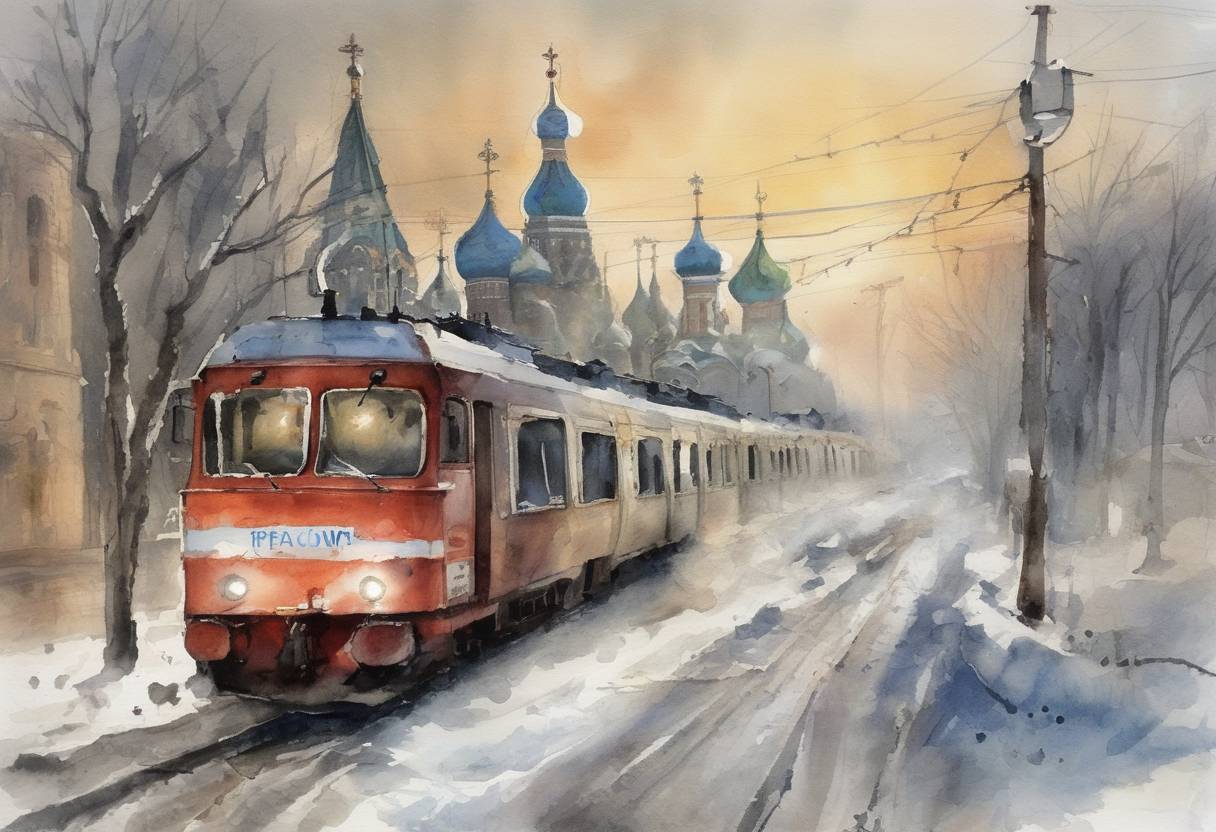 Watercolor painting based depiction of Russia shut off all gas supplies to Europe through Ukraine, escalating a dispute over pricing and debts, which affected several European countries during a cold winter. (2009)