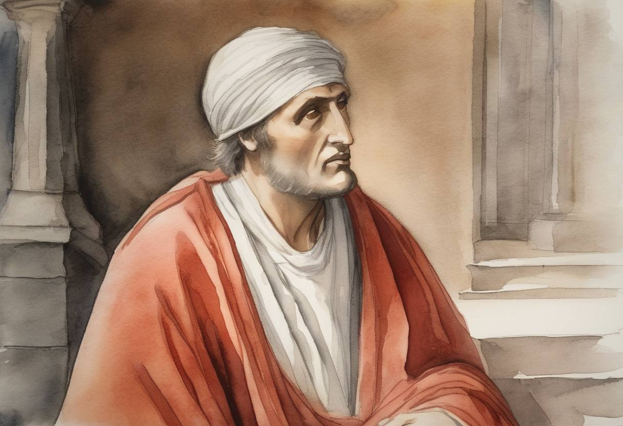Watercolor painting based depiction of Dante Alighieri, the famous Italian poet, dies. Known especially for 'The Divine Comedy,' Dante's work is a cornerstone in the Italian language and world literature. (1321)