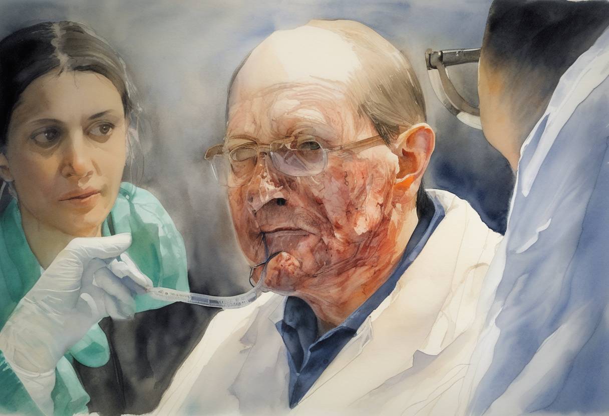 Watercolor painting based depiction of The first partial human face transplant in a successful operation is carried out in Amiens, France by a team led by Dr. Bernard Devauchelle and Dr. Jean-Michel Dubernard. (2005)