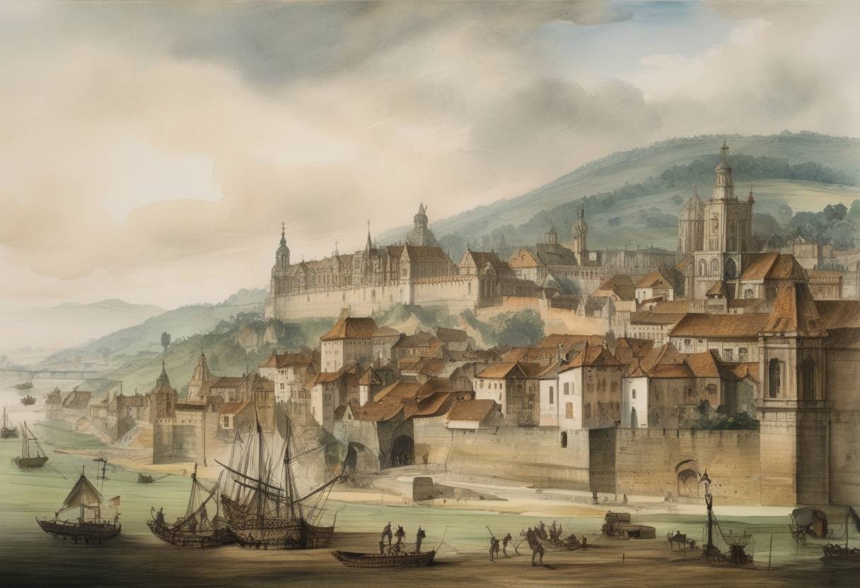Watercolor painting based depiction of On August 30, 1590, during the Eighty Years' War, Spanish forces led by Alexander Farnese, Duke of Parma, captured the city of Huy in modern-day Belgium, which was then part of the Spanish Netherlands. This victory was part of Spain's efforts to maintain control over the rebellious provinces. (1590)