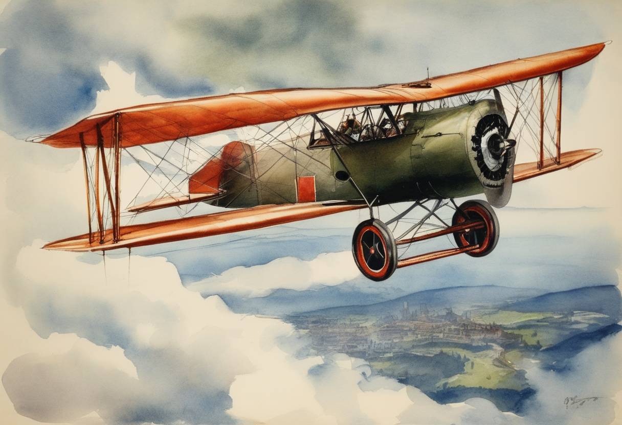 Watercolor painting based depiction of The first aerial circumnavigation of the world is completed by a team of pilots from the United States Army Air Service. (1924)