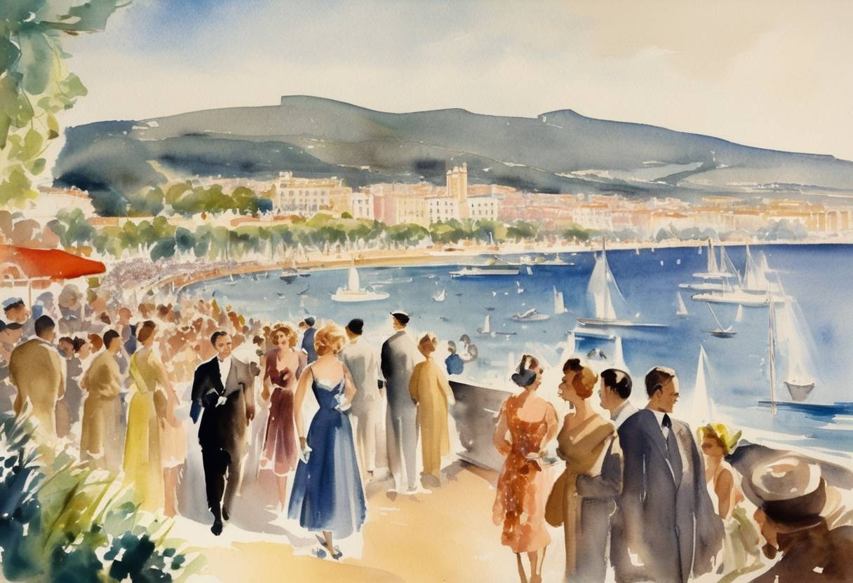 Watercolor painting based depiction of The first Cannes Film Festival is held, following its cancellation in 1939 due to World War II. It marks the beginning of what would become one of the most prestigious and widely publicized film festivals in the world. (1946)