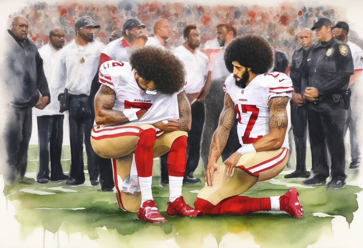 Watercolor painting based depiction of Colin Kaepernick, quarterback for the San Francisco 49ers, begins kneeling during the national anthem before an NFL preseason game to protest racial injustice and police brutality in the United States. (2016)
