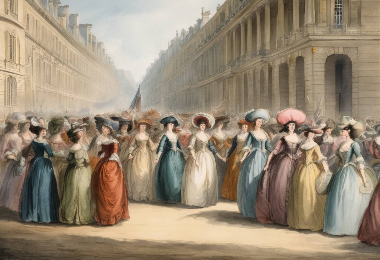 Watercolor painting based depiction of The Women's March on Versailles took place as hundreds of women from Paris marched to the Palace of Versailles to demand bread and political reforms from King Louis XVI. (1789)