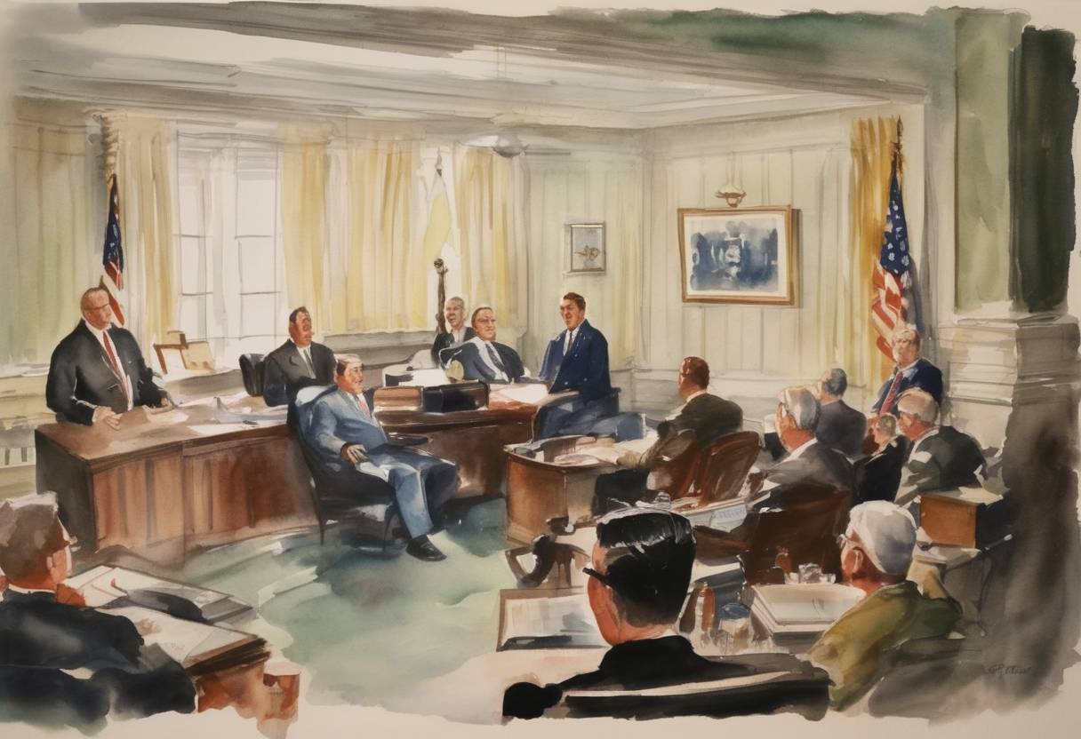 Watercolor painting based depiction of The John Birch Society, an American right-wing political advocacy group, is established by Robert W. Welch Jr. in Indianapolis, Indiana. (1958)