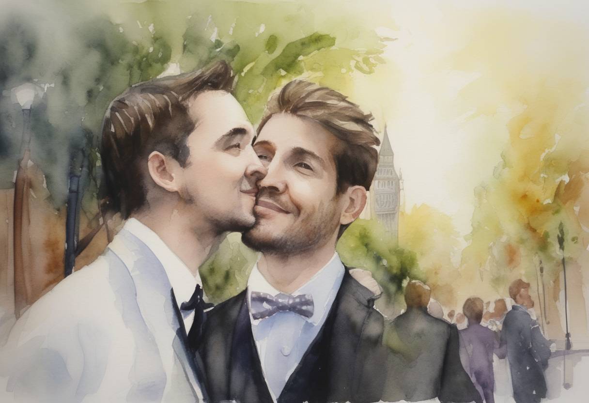 Watercolor painting based depiction of The Civil Partnership Act came into force in the United Kingdom, granting same-sex couples legal recognition for the first time. (2005)