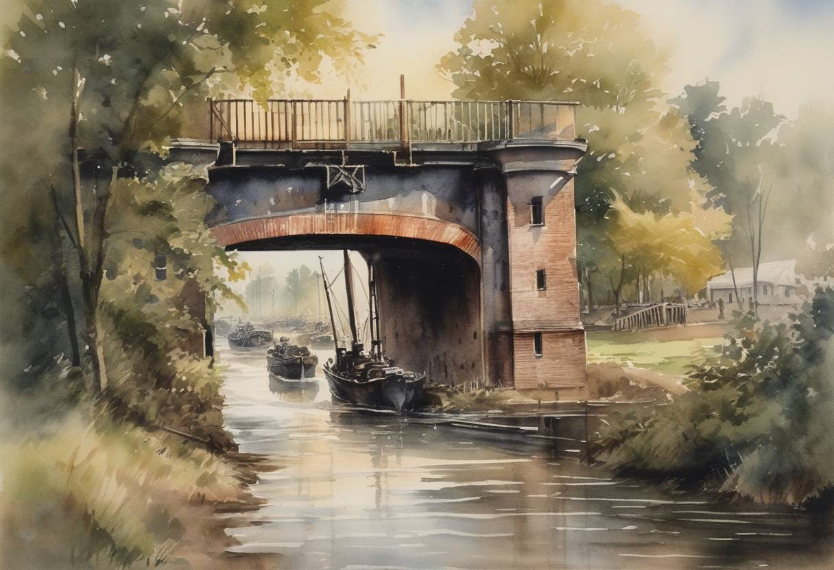 Watercolor painting based depiction of Operation Market Garden ended, a failed Allied attempt to capture bridges in the Netherlands to facilitate an advance into Germany. (1944)