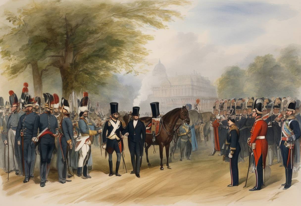Watercolor painting based depiction of The Emperor of the French, Napoleon III visits the United Kingdom, marking a significant diplomatic event between the two nations. This visit represents the strengthening of Franco-British relations during the 19th century, particularly their collaboration in the Crimean War. (1854)