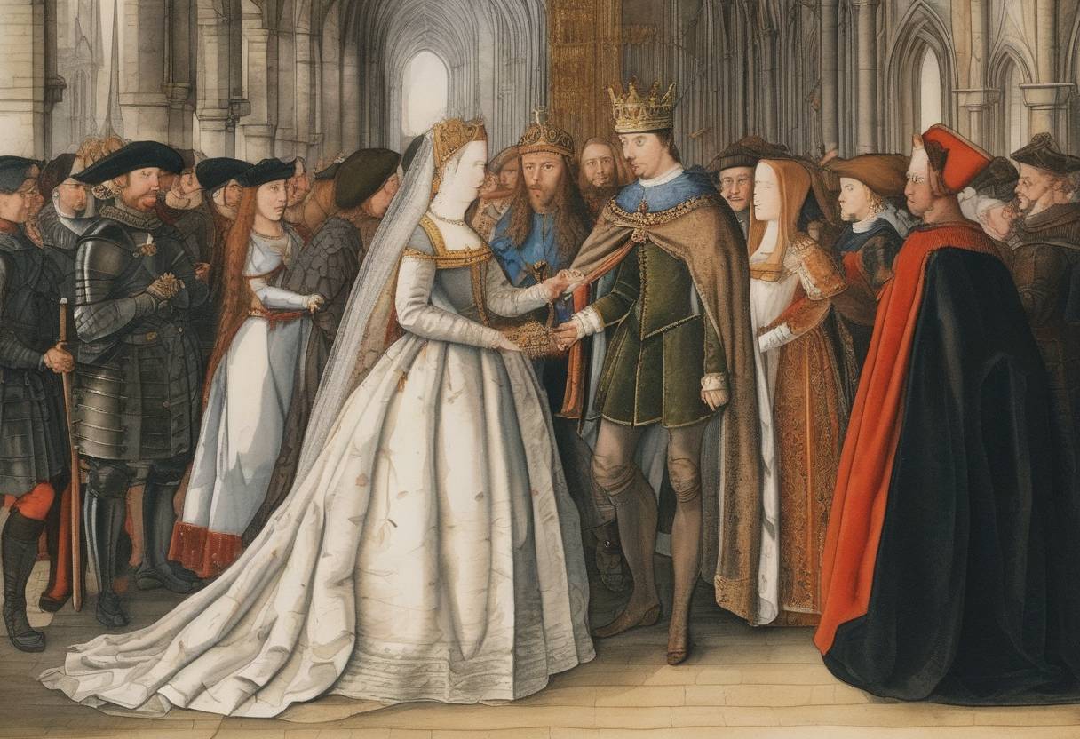 Watercolor painting based depiction of Anna of Brittany is married to Maximilian I of Austria by proxy, for the second time, at Rennes, Brittany. This strategic alliance aimed to strengthen the position of Brittany against French encroachment. (1490)