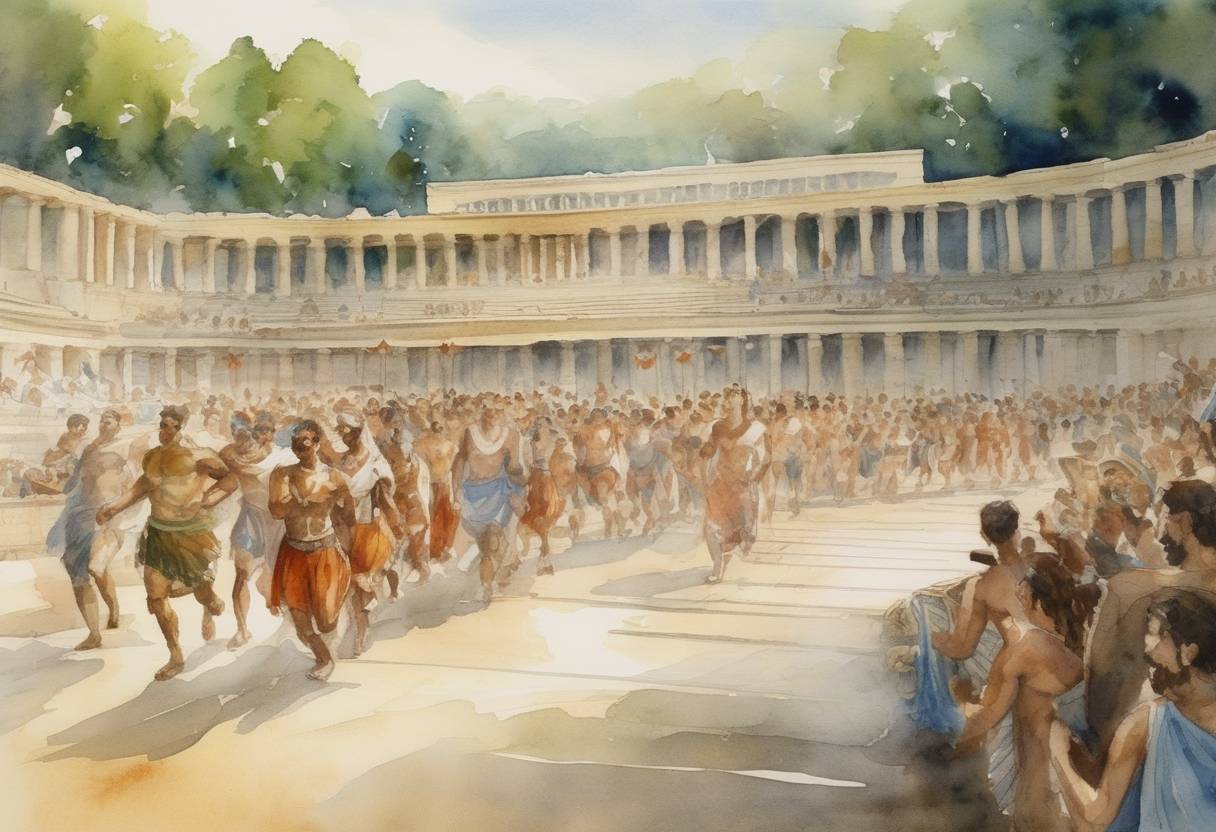 Watercolor painting based depiction of The earliest known mention of athletic events honoring the Greek god Zeus took place in Olympia, Greece, traditionally considered the founding event of what would become the modern Olympic Games. (159)
