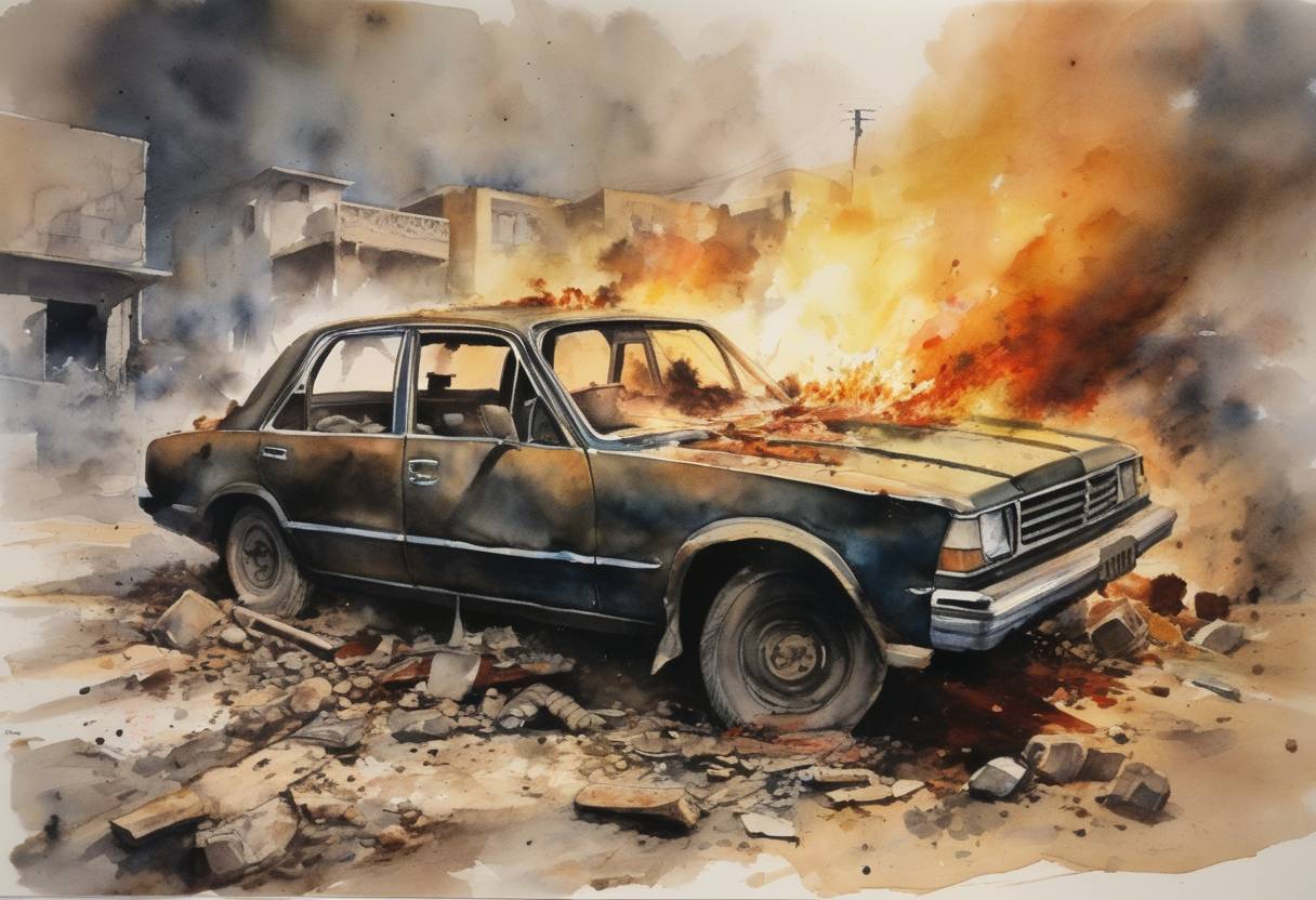 Watercolor painting based depiction of A car bomb exploded in the northern suburb of Ras Beirut, Lebanon, killing 61 people and injuring 110 in a brutal attack during the Lebanese Civil War. (1981)