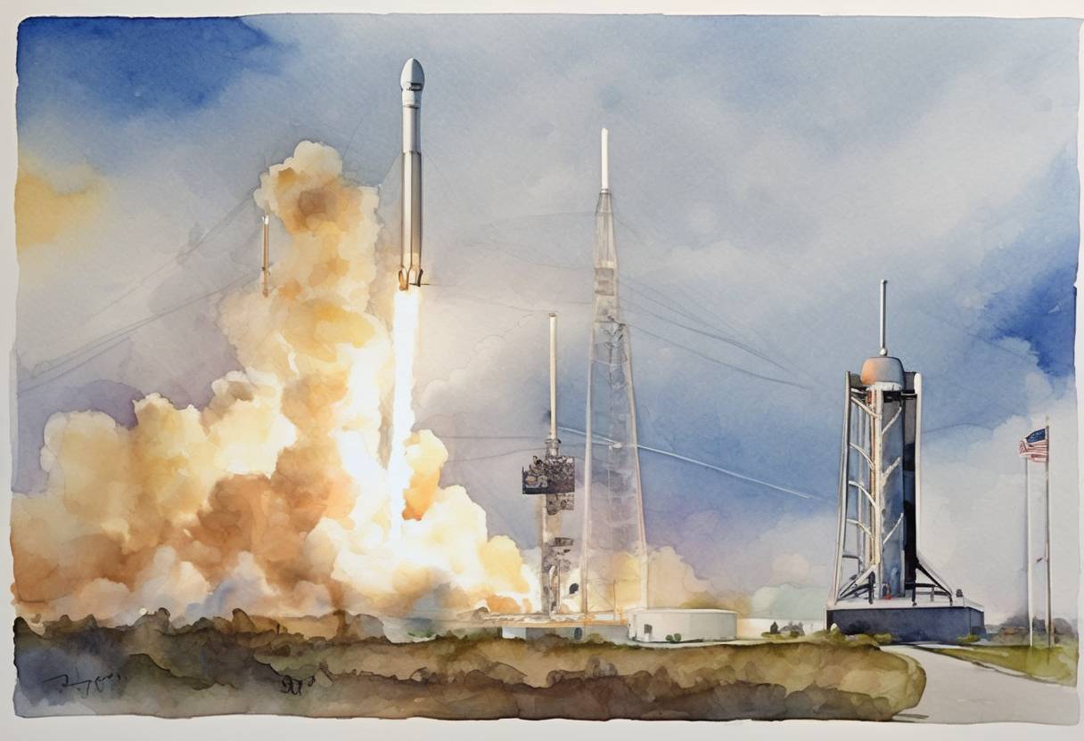 Watercolor painting based depiction of The first successful flight of the SpaceX Falcon 9 rocket takes place, marking a significant milestone in private space exploration. (2010)