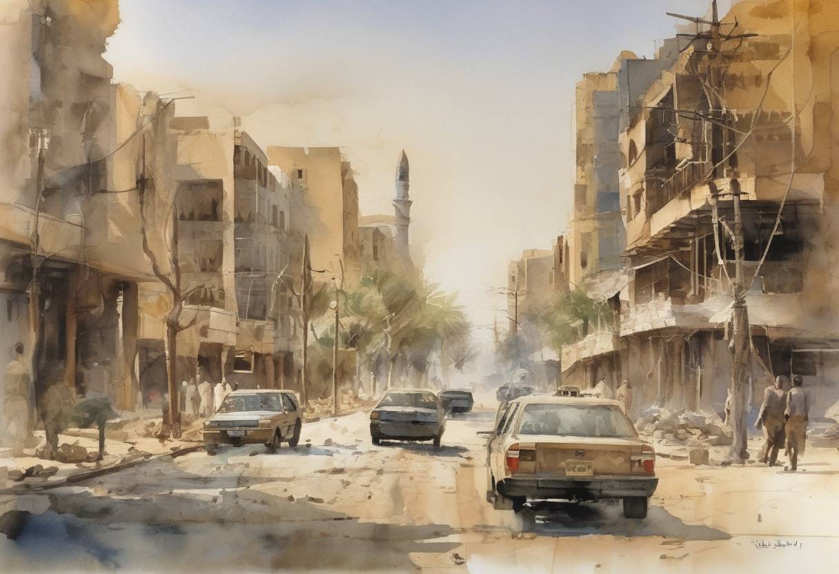 Watercolor painting based depiction of The city of Baghdad fell to U.S. forces during the Iraq War, marking a significant moment in the conflict as the capital city was secured by coalition forces. (2003)