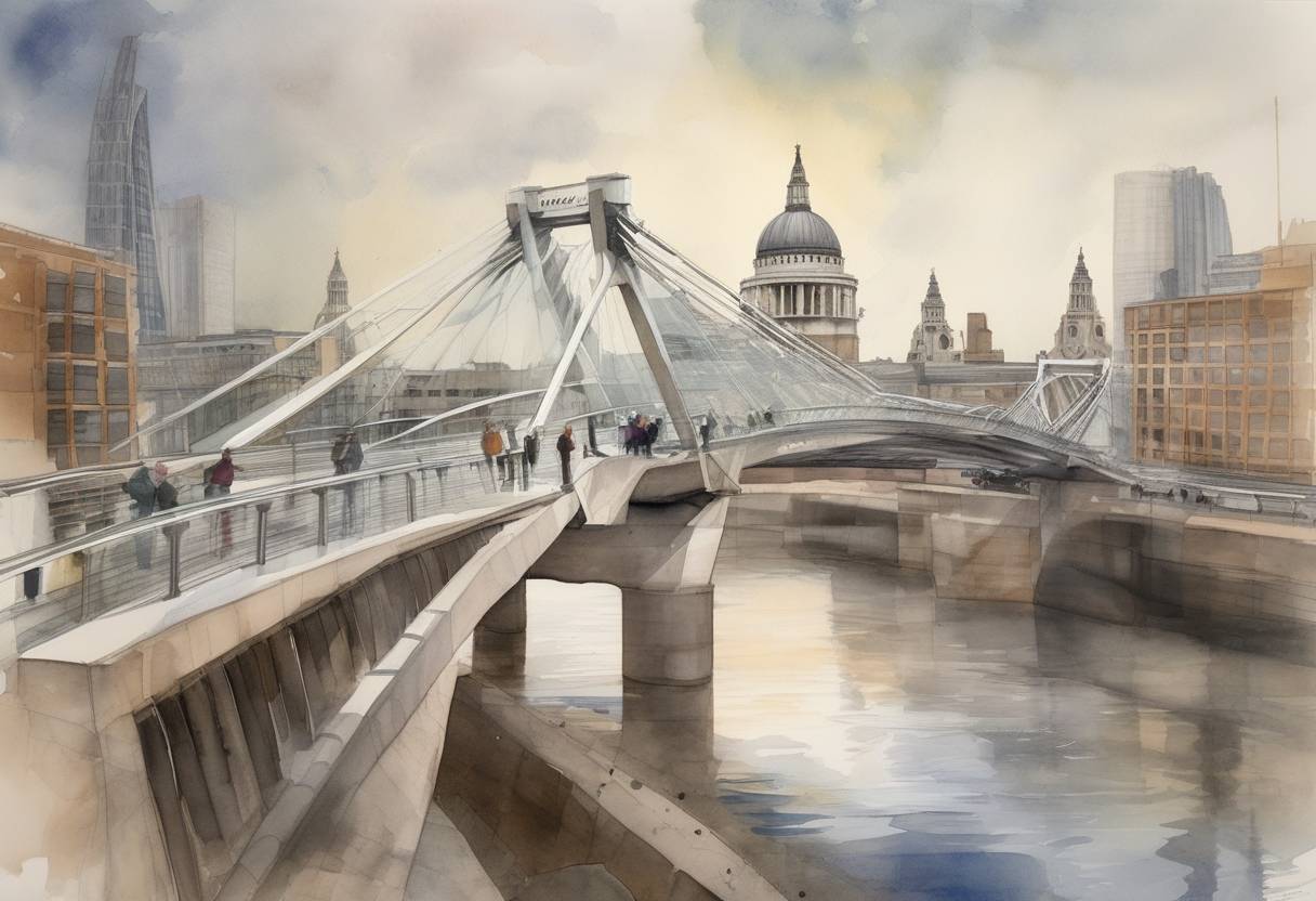 Watercolor painting based depiction of The Millennium Bridge in London was officially opened to the public, but was closed two days later due to unexpected swaying, leading to its nickname, the 'Wobbly Bridge.' (2000)