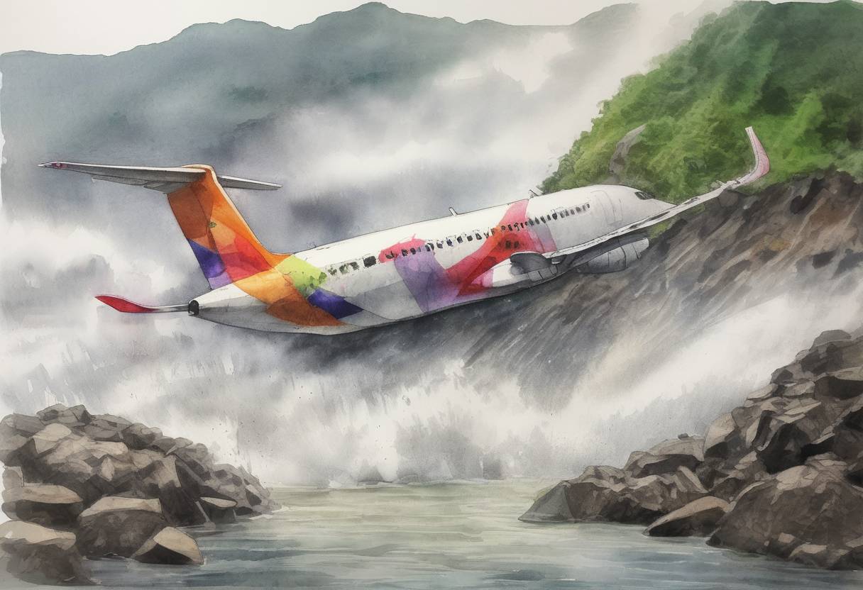 Watercolor painting based depiction of TransAsia Airways Flight 235 crashed into the Keelung River shortly after takeoff from Taipei Songshan Airport, resulting in 43 fatalities. (2015)