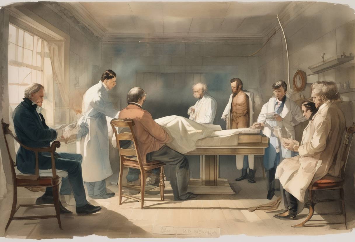 Watercolor painting based depiction of Ether anesthesia was used for the first time in an operation by Dr. Crawford Long in Jefferson, Georgia, marking a significant advancement in medical surgery. (1842)