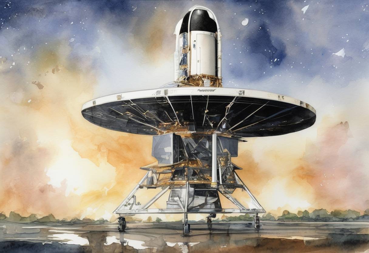 Watercolor painting based depiction of NASA's New Horizons spacecraft was launched on a mission to study Pluto and its moons, marking the beginning of a historic journey to the outer reaches of our solar system. (2006)