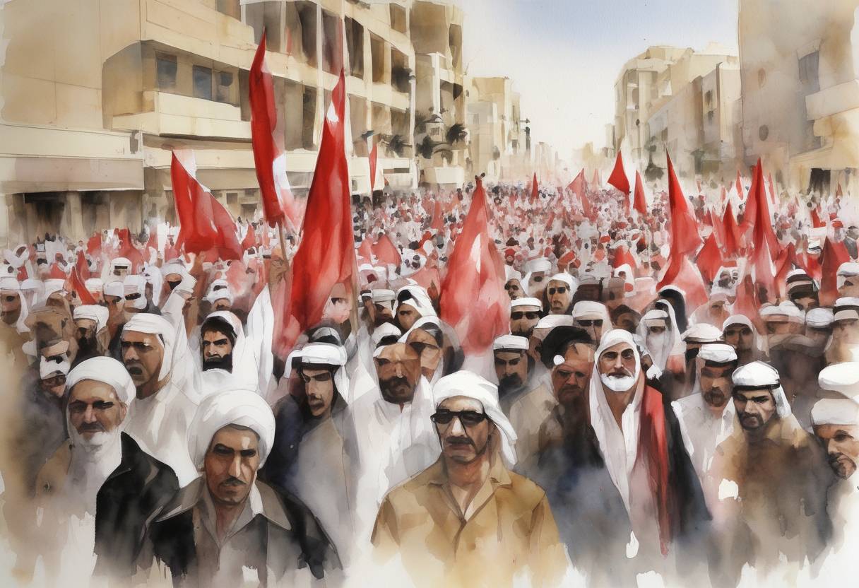 Watercolor painting based depiction of The Bahraini uprising began as part of the wider Arab Spring protests, with demonstrators demanding political reforms and greater freedoms. (2011)