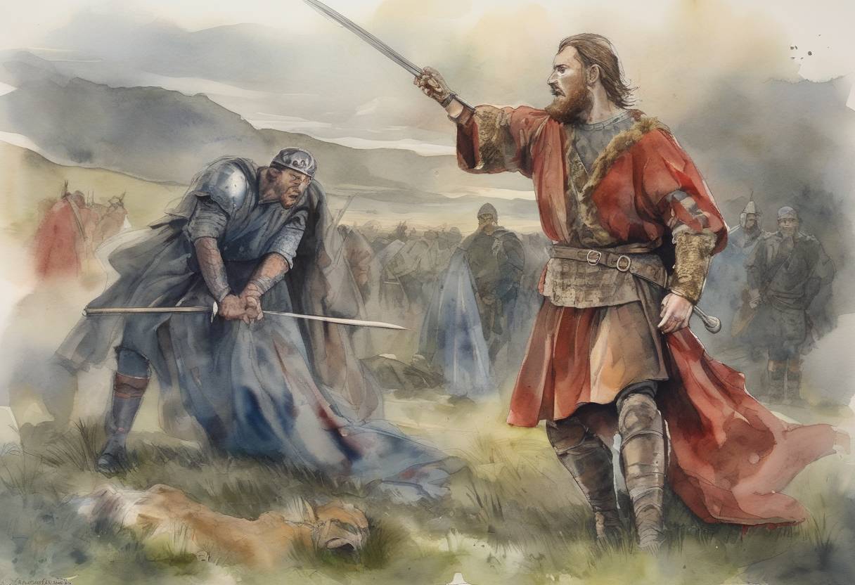 Watercolor painting based depiction of King Macbeth of Scotland was killed at the Battle of Lumphanan by the forces of Máel Coluim mac Donnchada (Malcolm III). (1057)