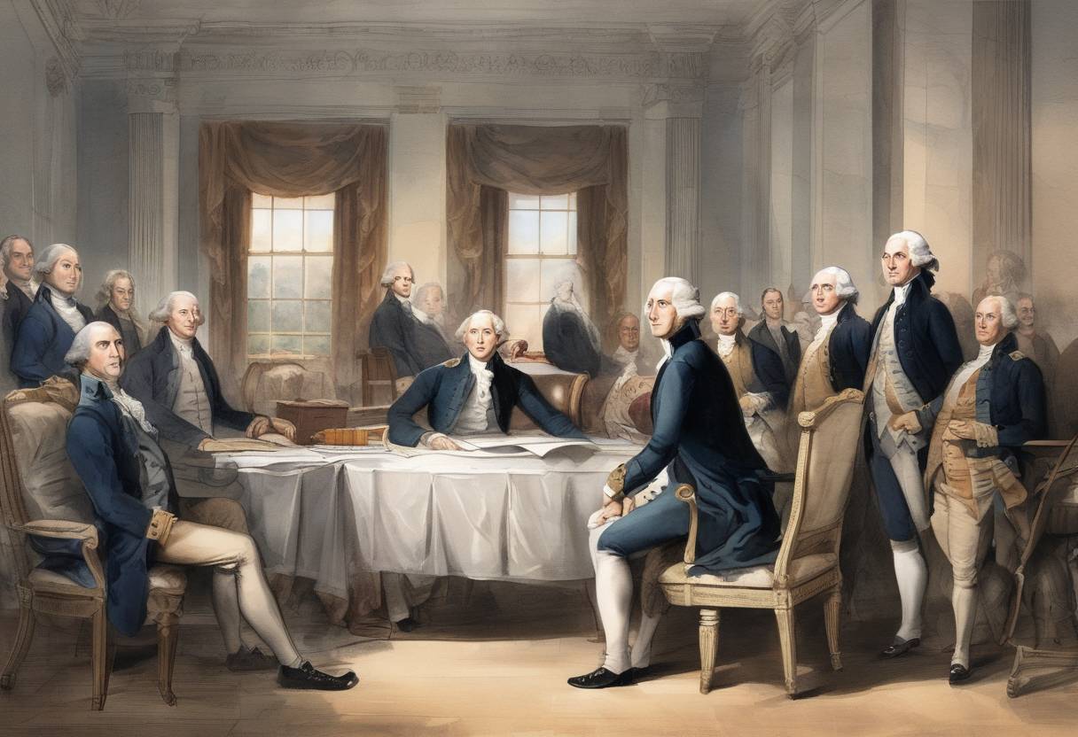 Watercolor painting based depiction of U.S. President George Washington exercised the first presidential veto, rejecting a congressional measure for apportioning representatives among the states. (1792)