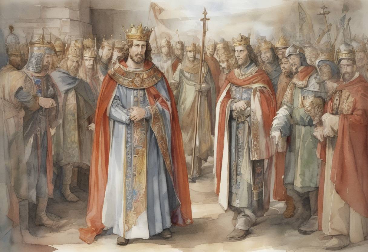 Watercolor painting based depiction of King Edward the Elder of England died, leading to the succession of his son Æthelstan, who would become the first King of a unified England. (924)