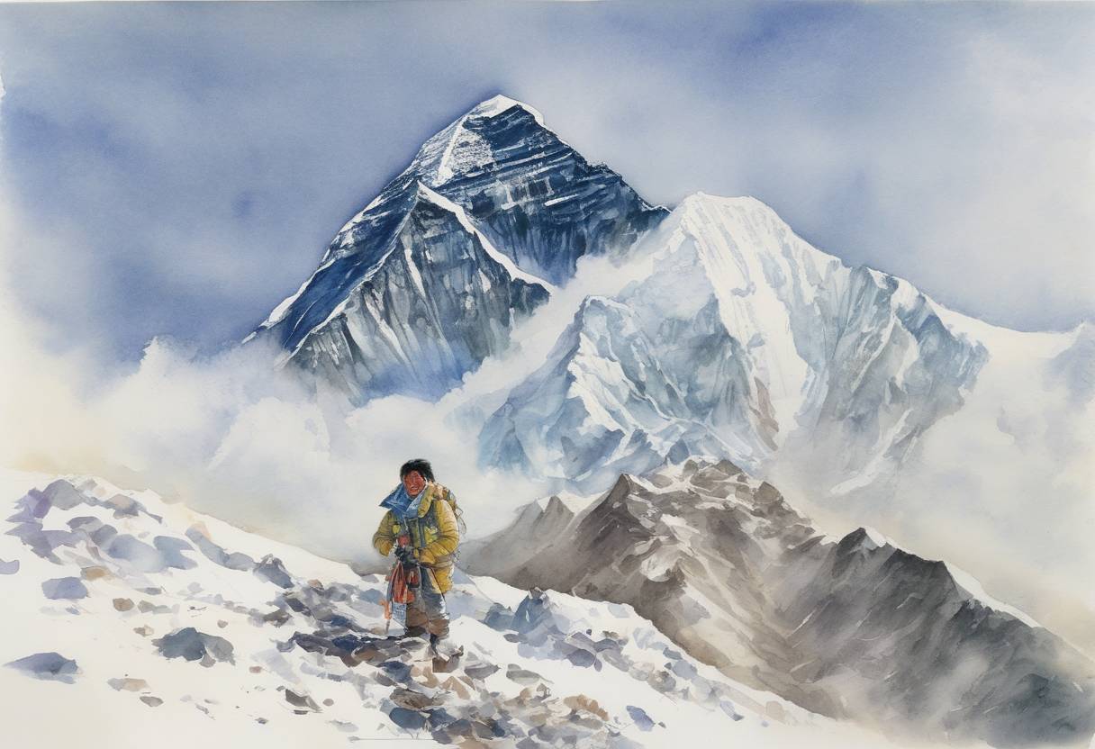 Watercolor painting based depiction of Junko Tabei becomes the first woman to reach the summit of Mount Everest. (1975)