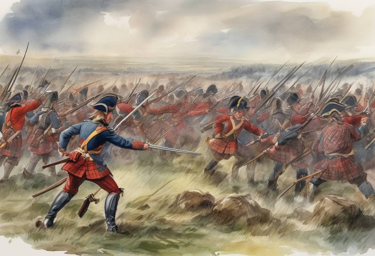 Watercolor painting based depiction of The Battle of Culloden took place, marking the final confrontation of the Jacobite Rising of 1745. The British government forces, led by the Duke of Cumberland, defeated the Jacobite forces of Charles Edward Stuart, effectively ending the Jacobite cause. (1746)