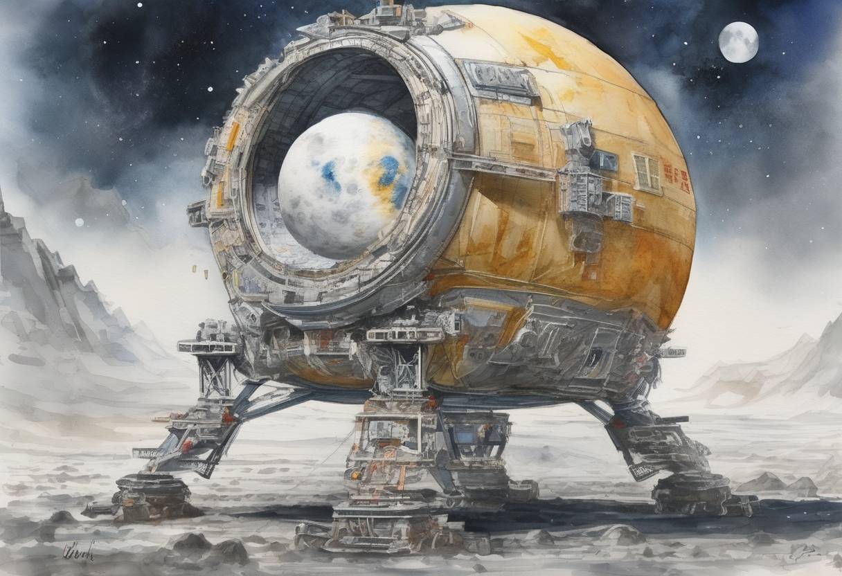 Watercolor painting based depiction of China's Chang'e 4 becomes the first spacecraft to successfully land on the far side of the Moon, marking a significant achievement in lunar exploration. (2019)