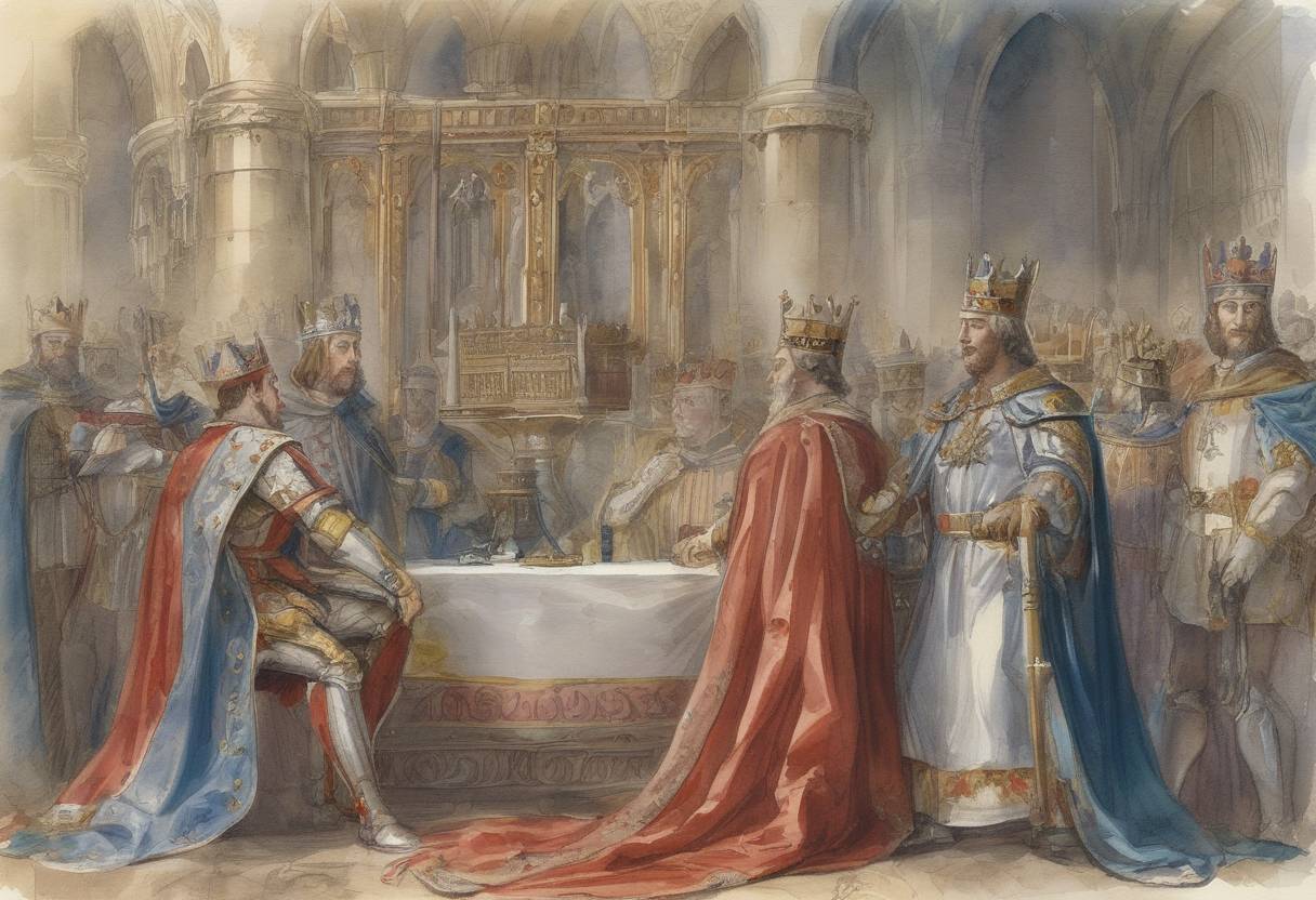 Watercolor painting based depiction of Louis III and Carloman II become joint kings of the Western Franks. (879)