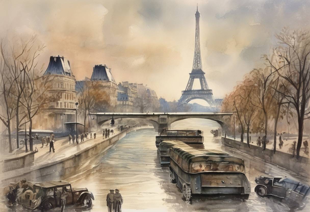 Watercolor painting based depiction of Paris falls under German occupation during World War II. (1940)