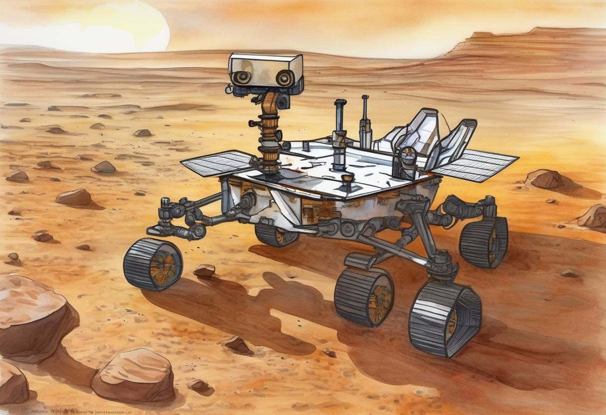 Watercolor painting based depiction of The Opportunity rover lands on Mars as part of NASA's Mars Exploration Rover mission, beginning its exploration of the Martian surface. (2004)