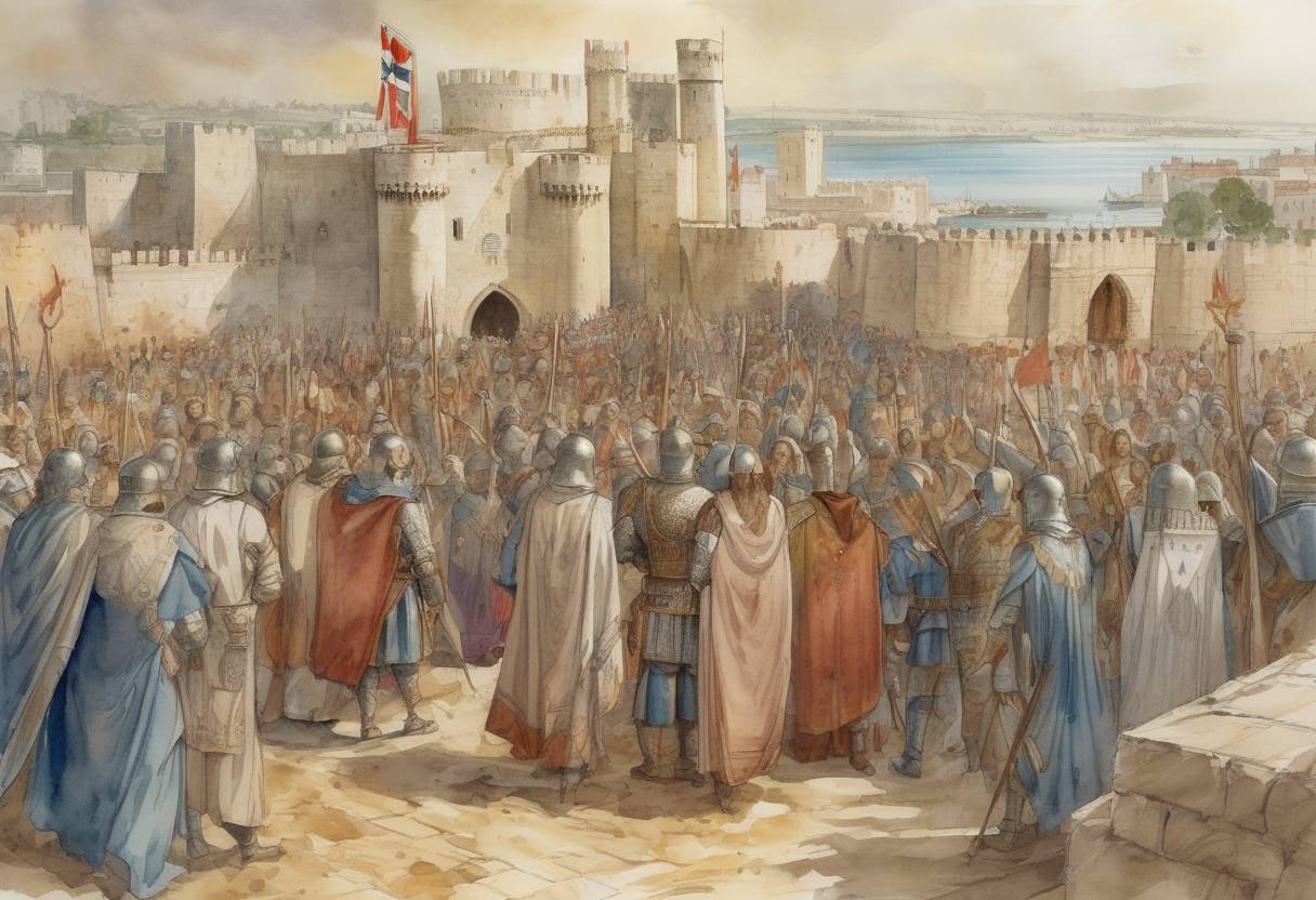 Watercolor painting based depiction of Richard I of England, also known as Richard the Lionheart, arrived in the city of Acre during the Third Crusade. His arrival marked a significant moment in the Crusades as he was one of the leading figures in the Christian efforts to reclaim the Holy Land from Muslim control. (1191)