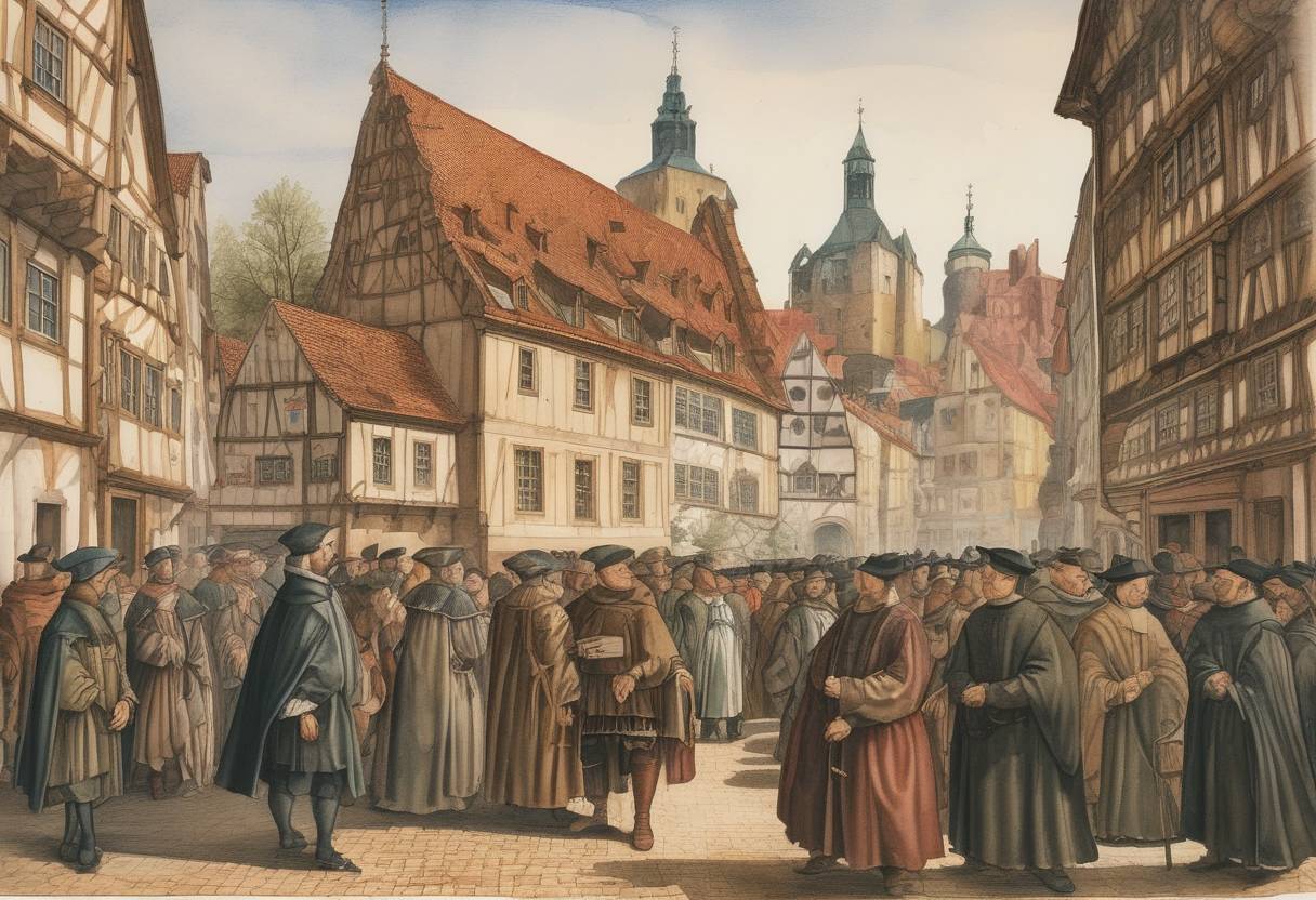 Watercolor painting based depiction of Johannes Bugenhagen, a close associate of Martin Luther, arrives in Wittenberg, where he becomes a key figure in the Protestant Reformation. (1523)