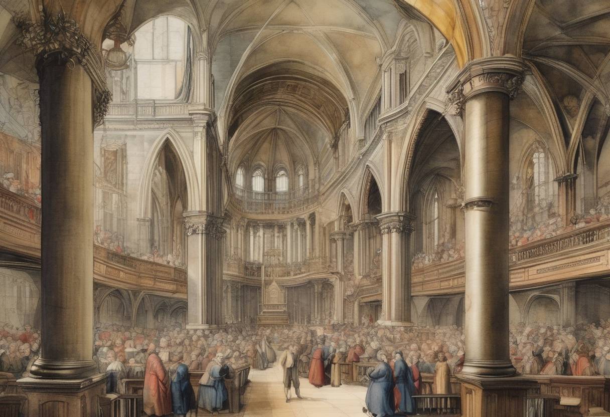 Watercolor painting based depiction of The first recorded lottery in England was drawn in St. Paul's Cathedral. (1569)