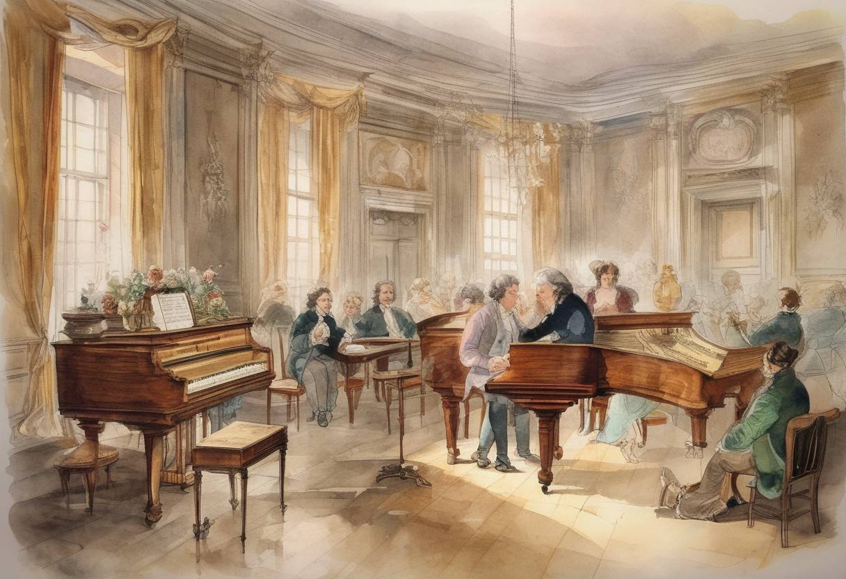 Watercolor painting based depiction of Beethoven composed his famous piano piece, Für Elise. (1810)