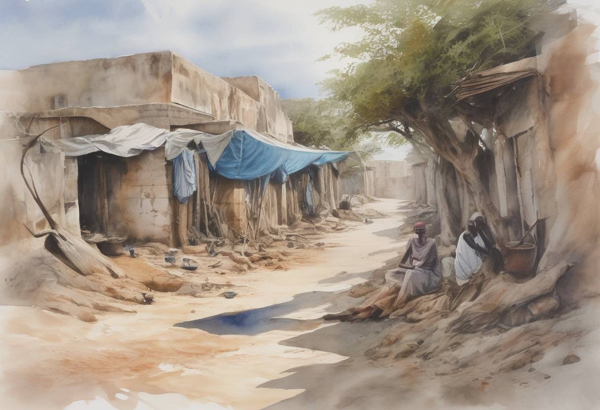 Watercolor painting based depiction of The United Nations declared a famine in parts of southern Somalia, the first time in 30 years that a famine had been declared in the region, due to a severe drought and ongoing conflict. (2010)