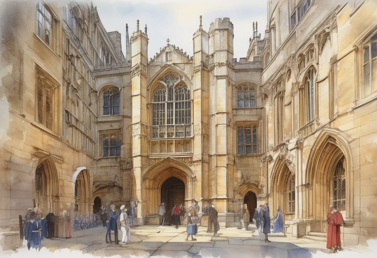 Watercolor painting based depiction of The University of Oxford receives its charter from King John, marking a significant development in the history of higher education in England. (1214)