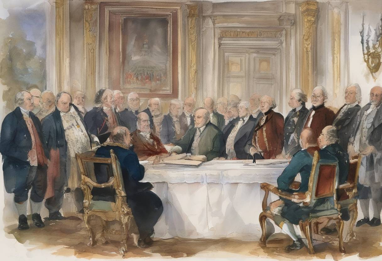 Watercolor painting based depiction of The Treaty of Bonn was signed, marking the end of a conflict between the Kingdom of England and the Kingdom of Scotland. This treaty was significant as it established a period of peace and cooperation between the two kingdoms. (927)