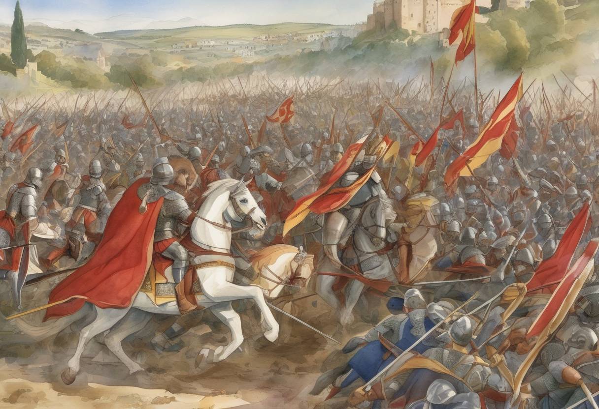Watercolor painting based depiction of The Battle of Benevento took place, marking a decisive victory for Charles of Anjou over Manfred of Sicily, leading to the end of Hohenstaufen rule in southern Italy. (1266)