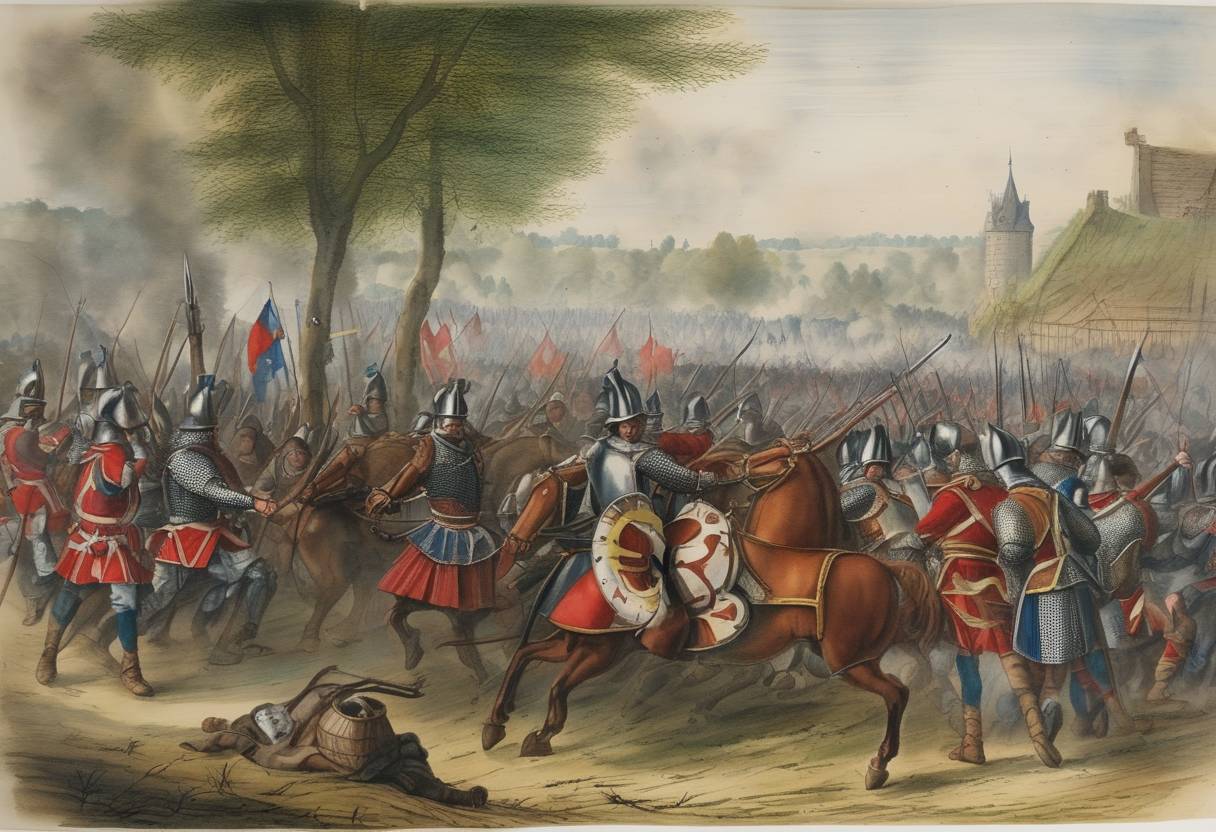 Watercolor painting based depiction of The Battle of Roosebeke is fought, with the French army defeating the forces of the Flemish rebels. (1382)