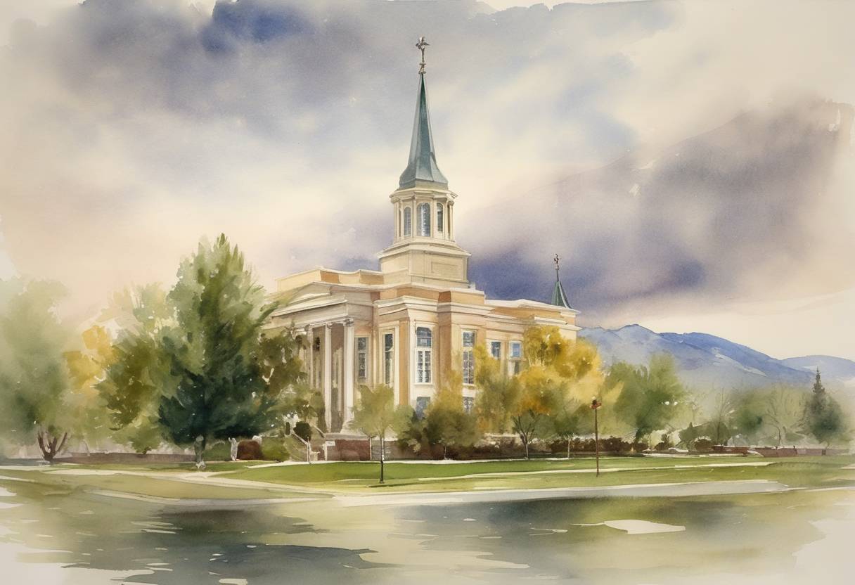 Watercolor painting based depiction of Brigham Young University is incorporated in Provo, Utah. The school is named after Brigham Young, the second president of the Church of Jesus Christ of Latter-day Saints. (1875)